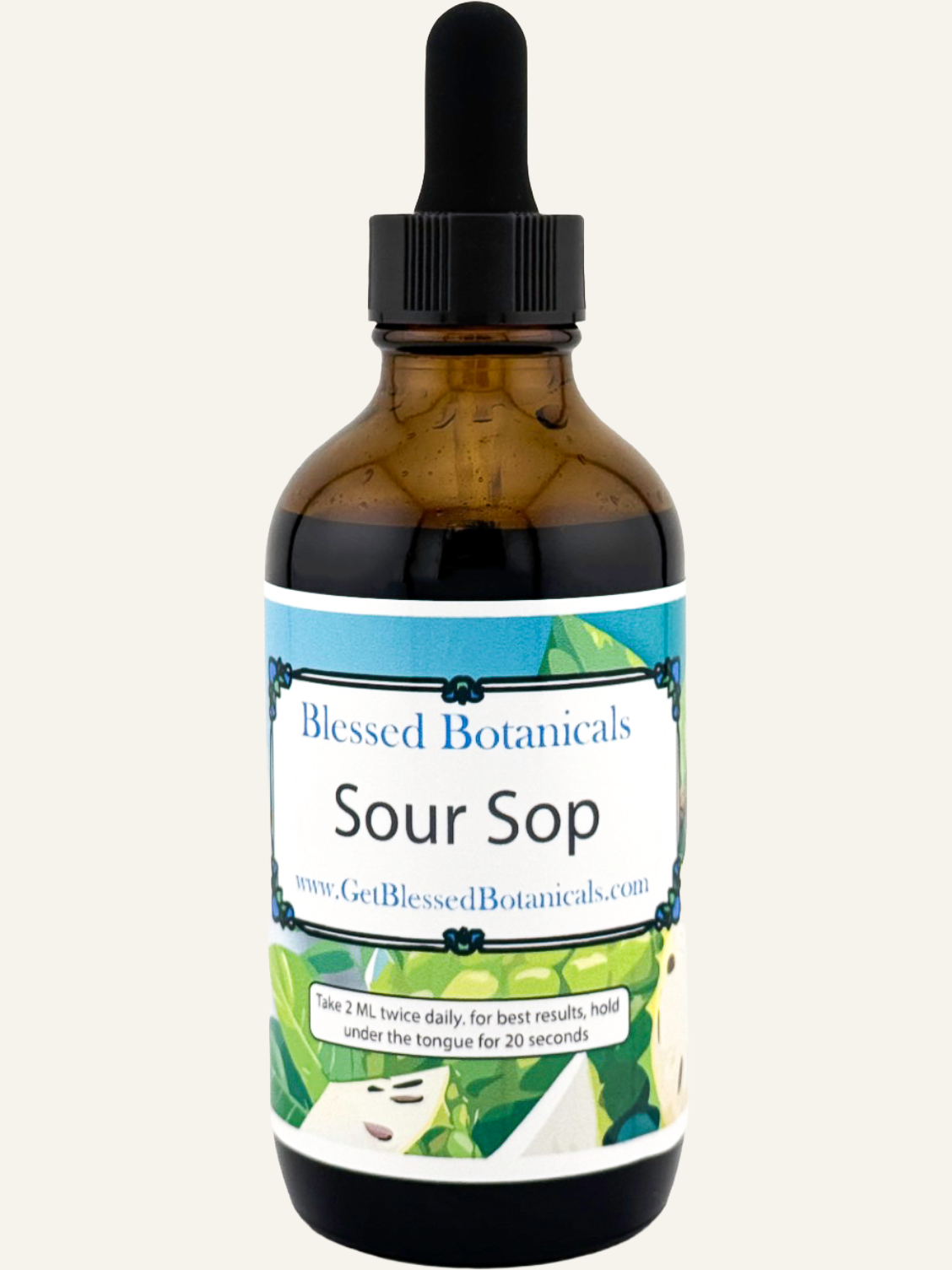 Organic Soursop supplement extract from Blessed Botanicals, showing a bottle of Soursop supplement capsules or liquid.
