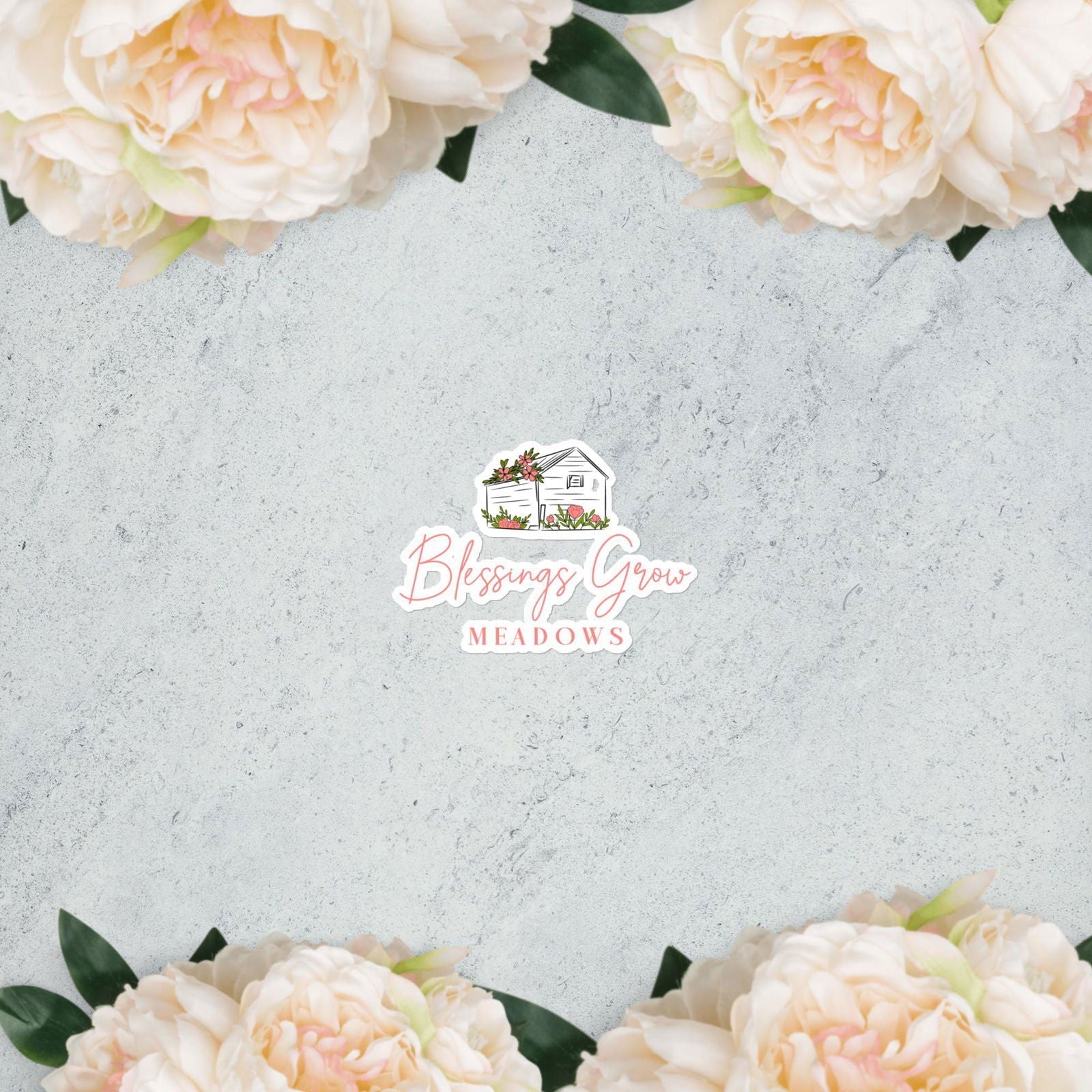 Blessings Grow Meadows logo bubble-free stickers, colorful accessories for decorating laptops, water bottles, and notebooks.