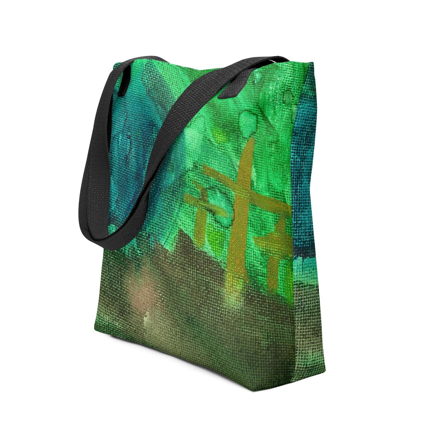 Canvas tote bag featuring an abstract landscape painting with vibrant green and teal hues, gold accents, and a textured canvas background.
