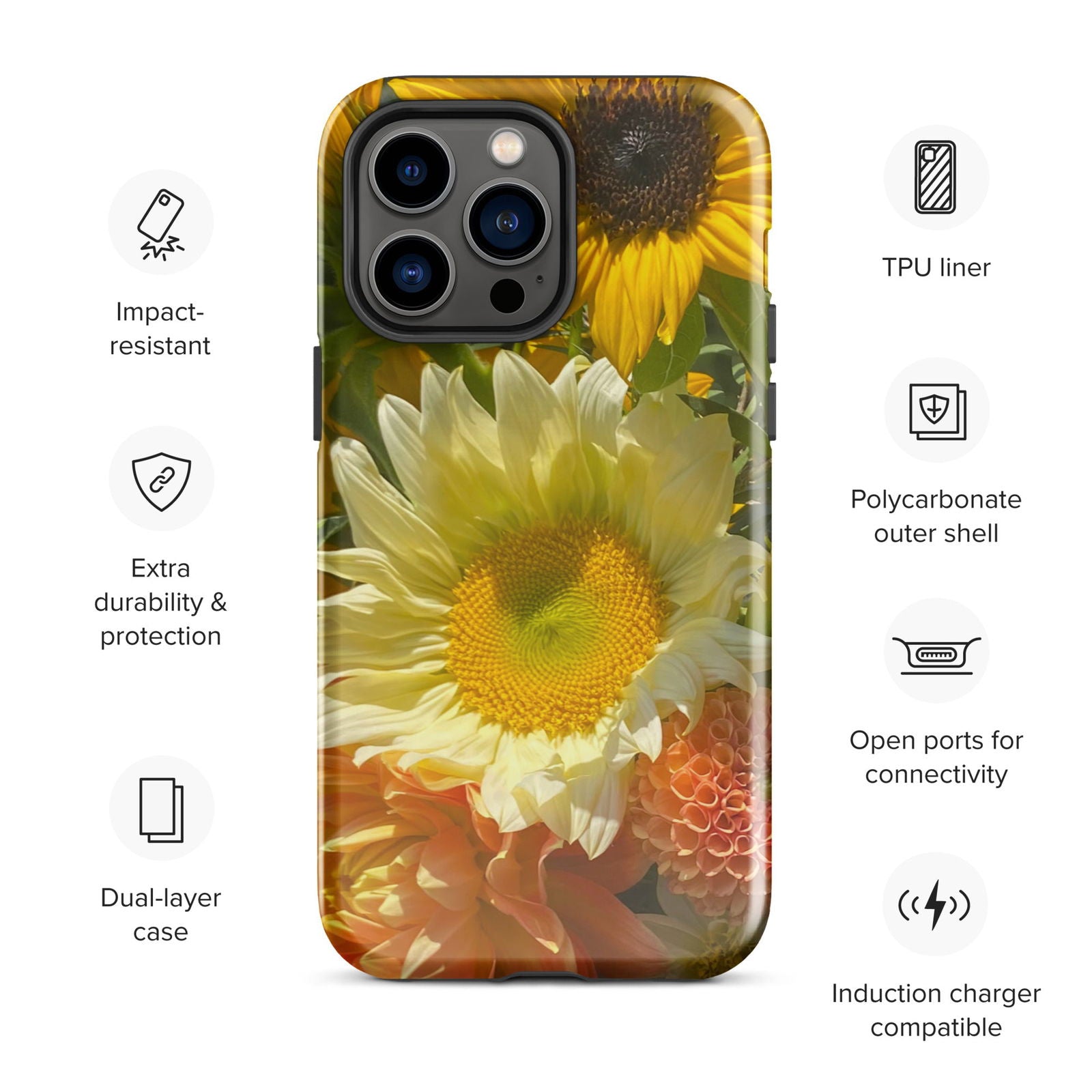 The Sunflowers Tough Case for iPhone® by Blessings Grow Meadows, featuring original floral photography, is centered and surrounded by icons listing its features: dual-layer design, TPU liner, polycarbonate shell, open ports, and wireless charging compatibility.