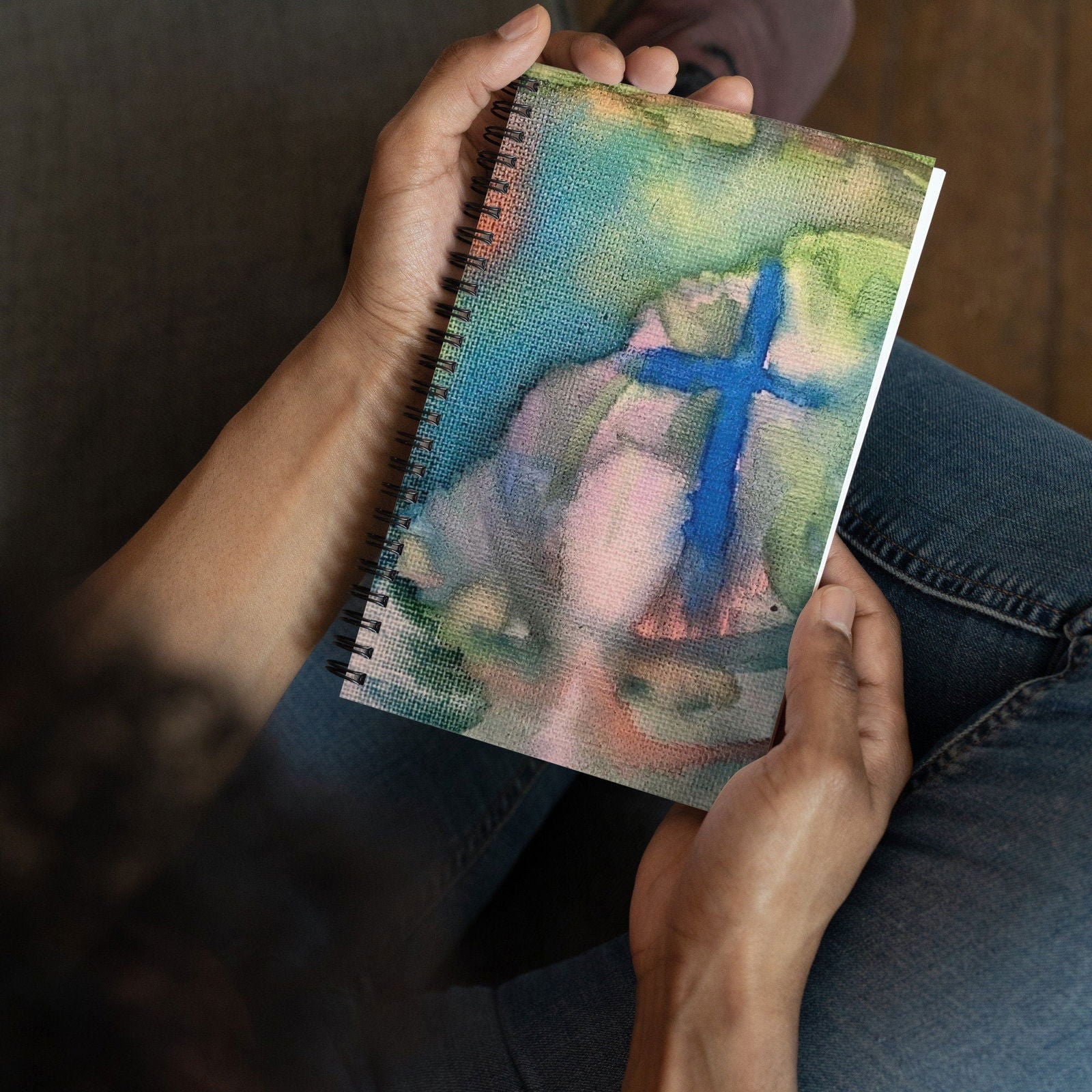 Watercolor cross spiral notebook with original artwork from Blessings Grow Meadows, ideal for writing and note-taking.