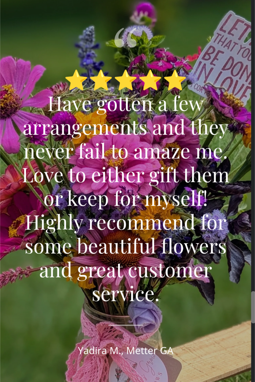 A close-up shows the Custom Deluxe Arrangement by Blessings Grow Meadows Merch & More—locally grown pink, purple, and yellow flowers. Text features a 5-star review of the bouquet and service. A card reads, “Let love be done in love.”.