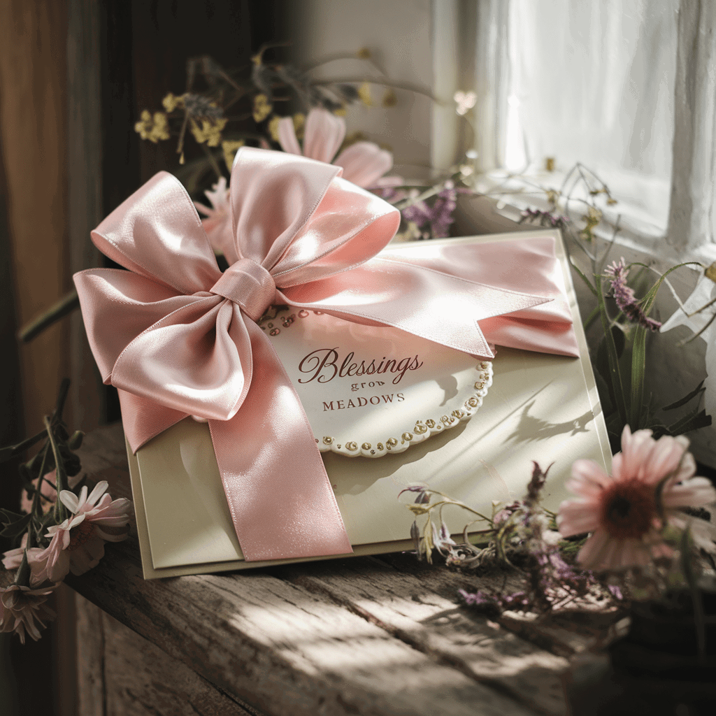 A cream gift box with a pink satin bow sits on a wooden windowsill, surrounded by pink and white flowers. The label reads "Gift Card for Blessings Grow Meadows" from Blessings Grow Meadows, as sunlight streams in nearby.