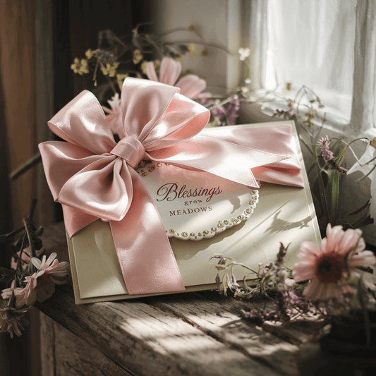 A cream gift box with a pink satin bow sits on a wooden windowsill, surrounded by pink and white flowers. The label reads "Gift Card for Blessings Grow Meadows" from Blessings Grow Meadows, as sunlight streams in nearby.