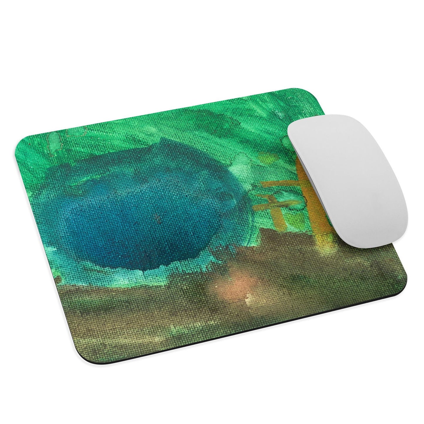 Acrylic painting mousepad featuring an abstract landscape with a teal pond, a golden torii gate, and vibrant green and brown brushstrokes
