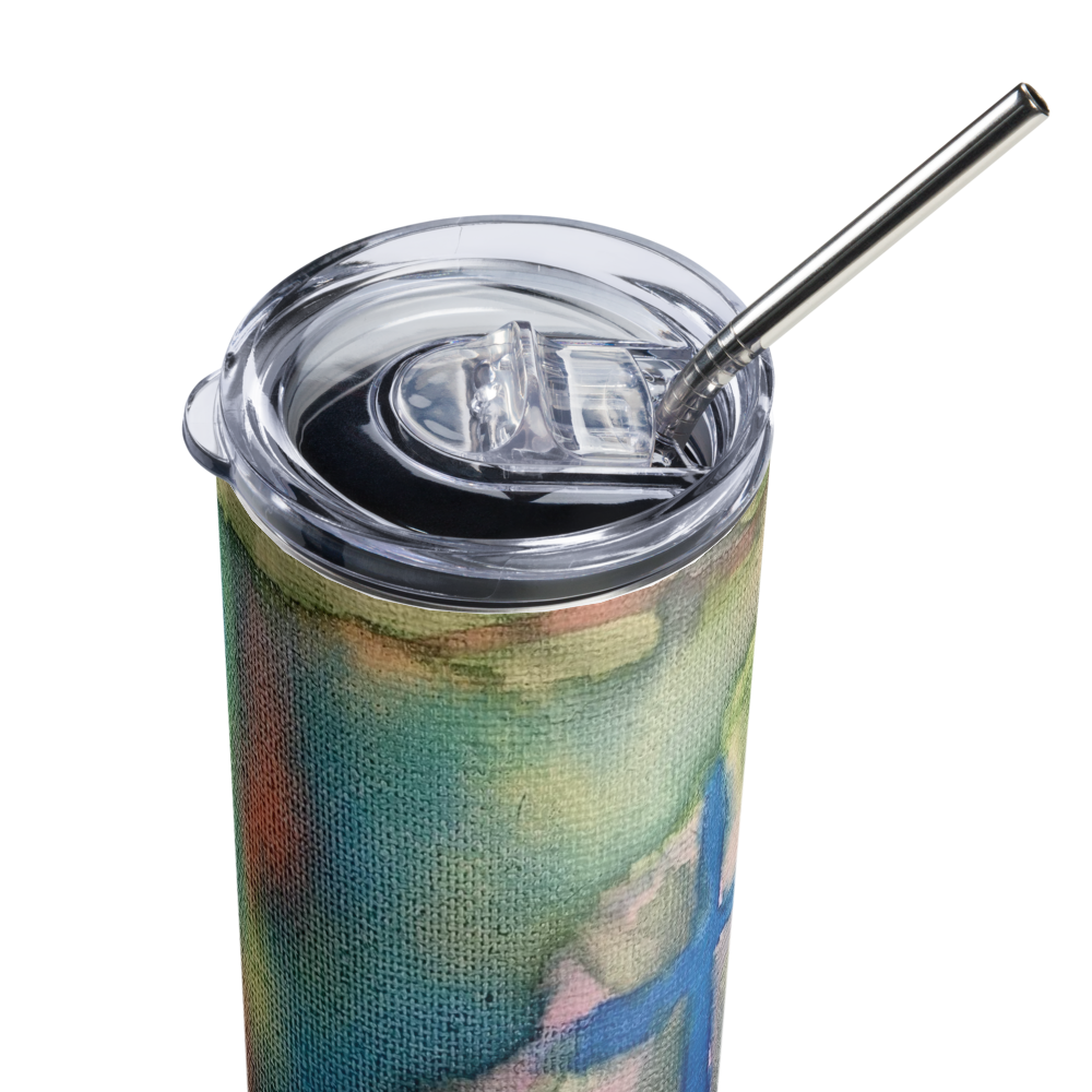 Stainless steel tumbler with an abstract watercolor design featuring teal, pink and blue hues and a metallic straw
