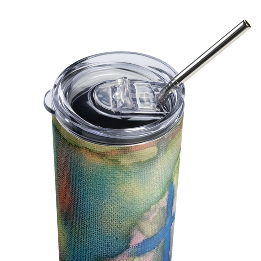 Stainless steel tumbler with an abstract watercolor design featuring teal, pink and blue hues and a metallic straw
