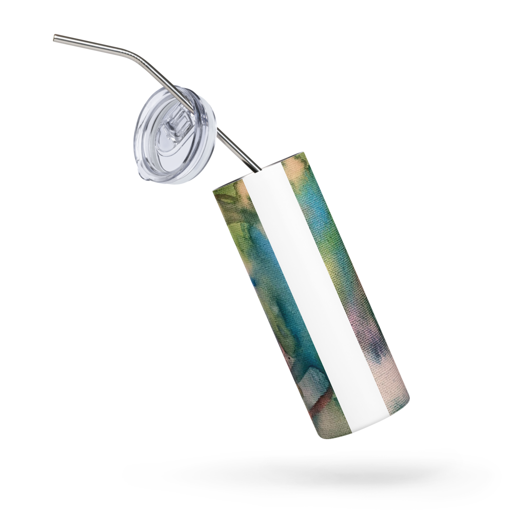 Custom 20oz tumbler featuring an abstract watercolor design with teal blues and greens a white stripe and a stainless steel straw