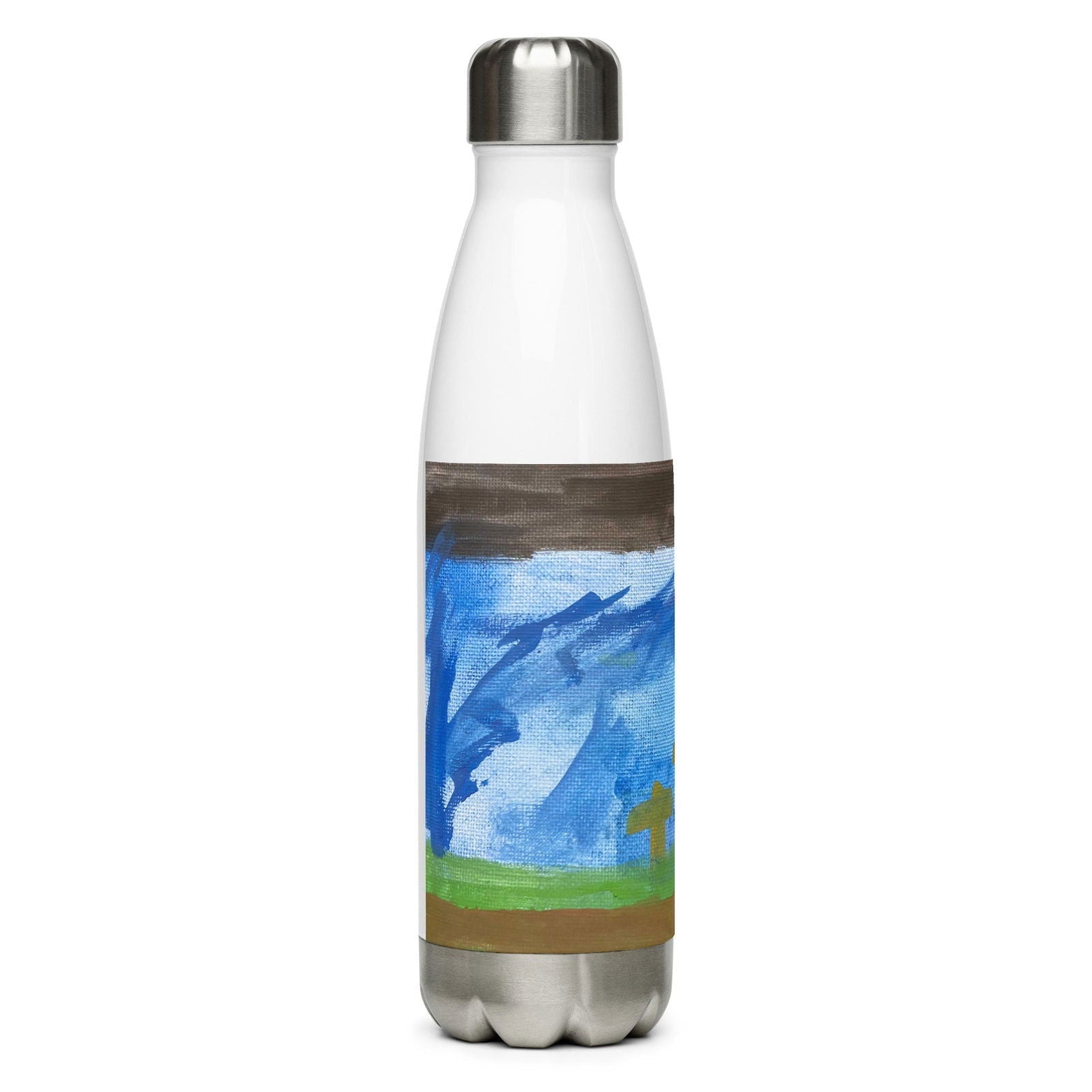 Stainless steel water bottle featuring "He is Not Here" original artwork by Blessings Grow Meadows, houseware product with artistic design.