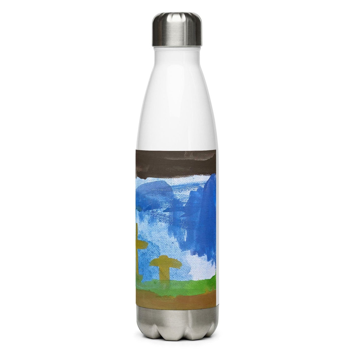 Stainless steel water bottle with "He is Not Here" original artwork design, Blessings Grow Meadows houseware product.