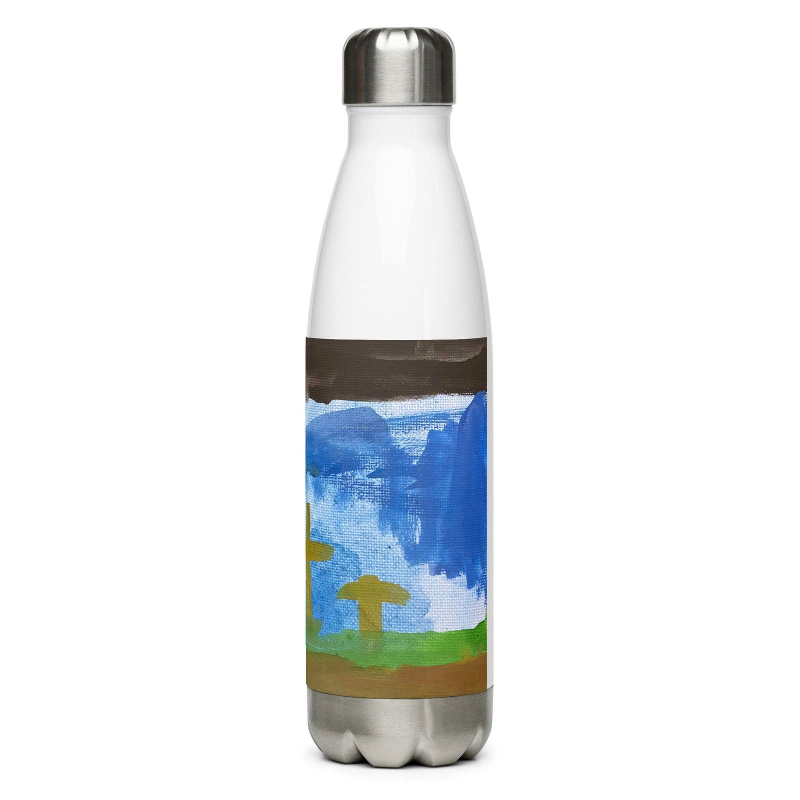 Stainless steel water bottle with "He is Not Here" original artwork design, Blessings Grow Meadows houseware product.