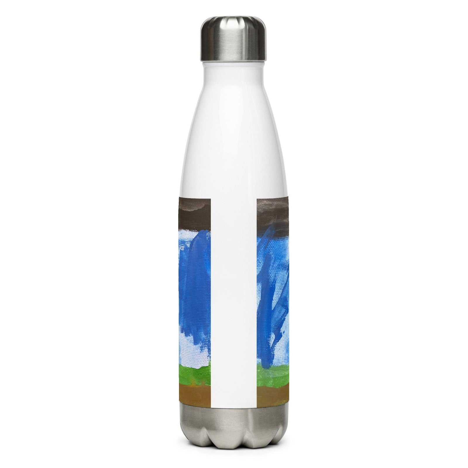 Stainless steel water bottle featuring "He is Not Here" original artwork by Blessings Grow Meadows, houseware product image.