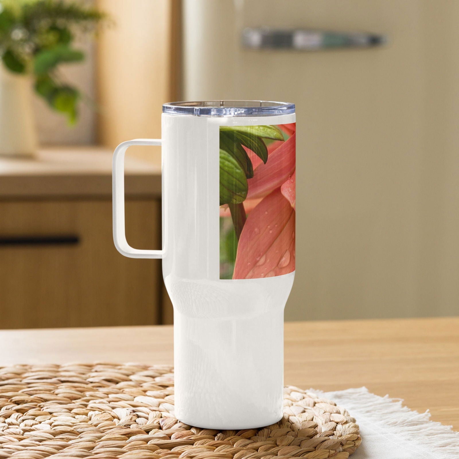 Blessings Grow Meadows travel mug with handle featuring a Felling Froggy exclusive photography design, ideal for housewares.