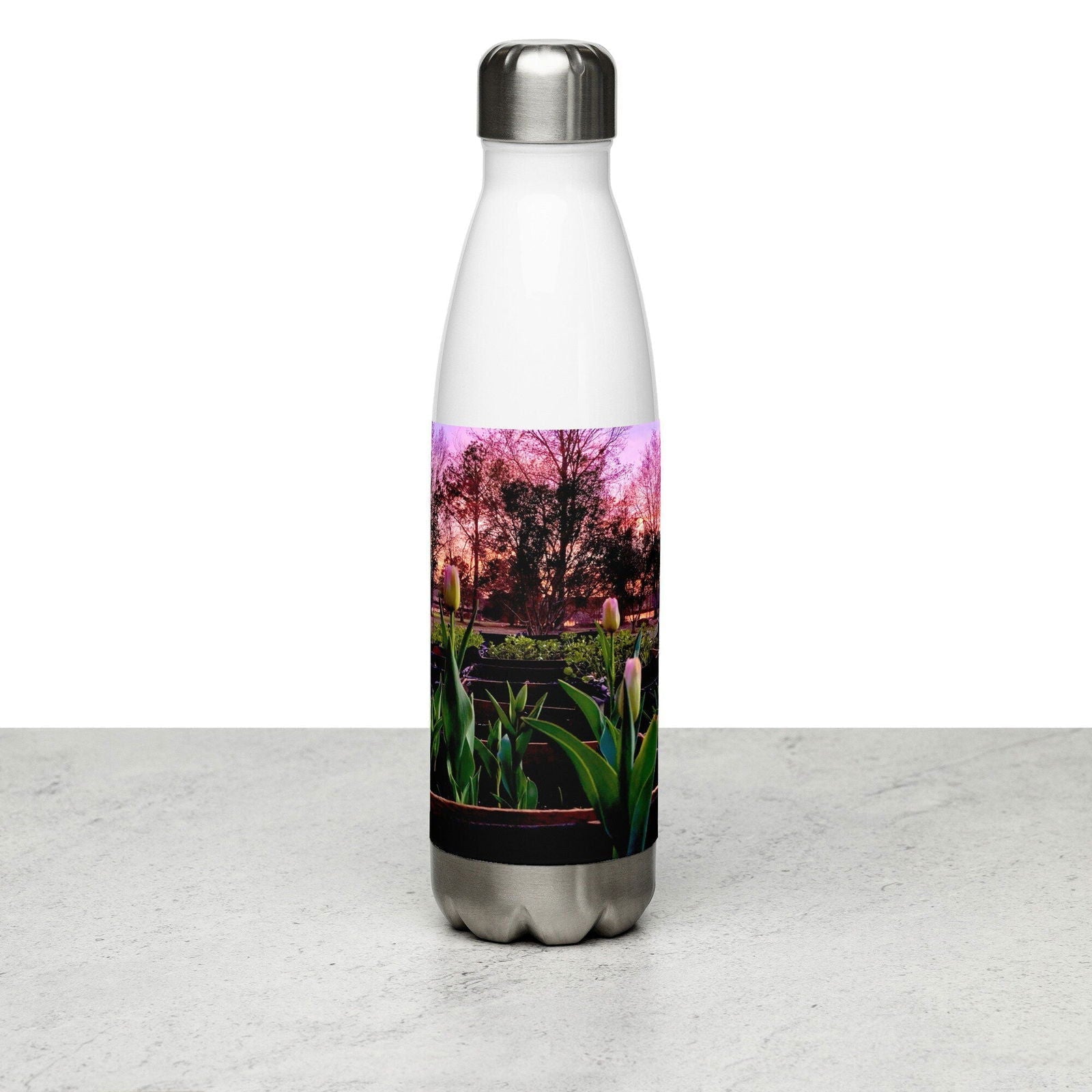 Black stainless steel water bottle featuring Tulips at Dusk original photography by Blessings Grow Meadows, housewares product.