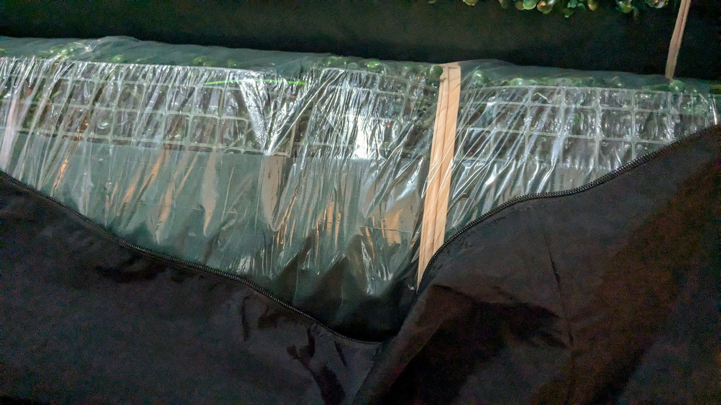 Photograph of a plastic-wrapped artificial green wall in a black carrying bag showing wooden supports and vibrant green foliage details
