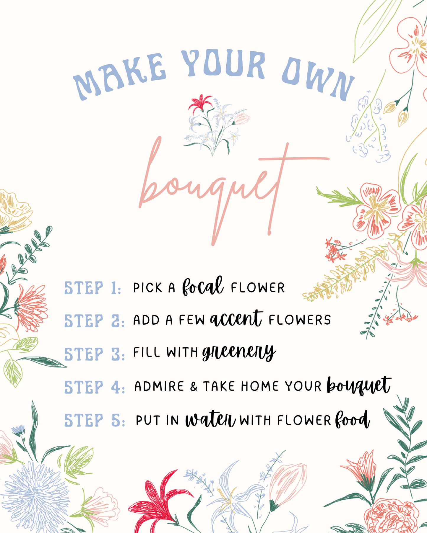 Line drawing illustration of a bouquet featuring lilies, red accent flowers, and blueish-green foliage in a soft color palette.
