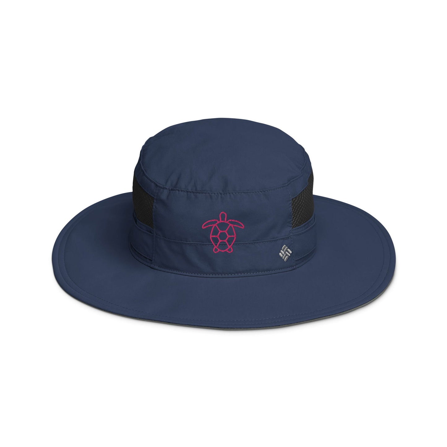 Columbia Sportswear navy blue sun hat featuring a pink embroidered sea turtle design a black mesh insert and a grey underside
