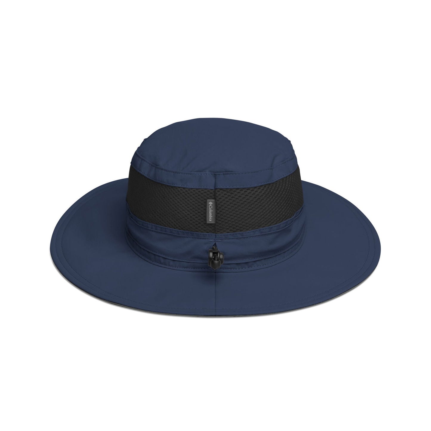 Columbia navy blue boonie hat featuring a black mesh sweatband and adjustable chin cord showcasing a sleek design
