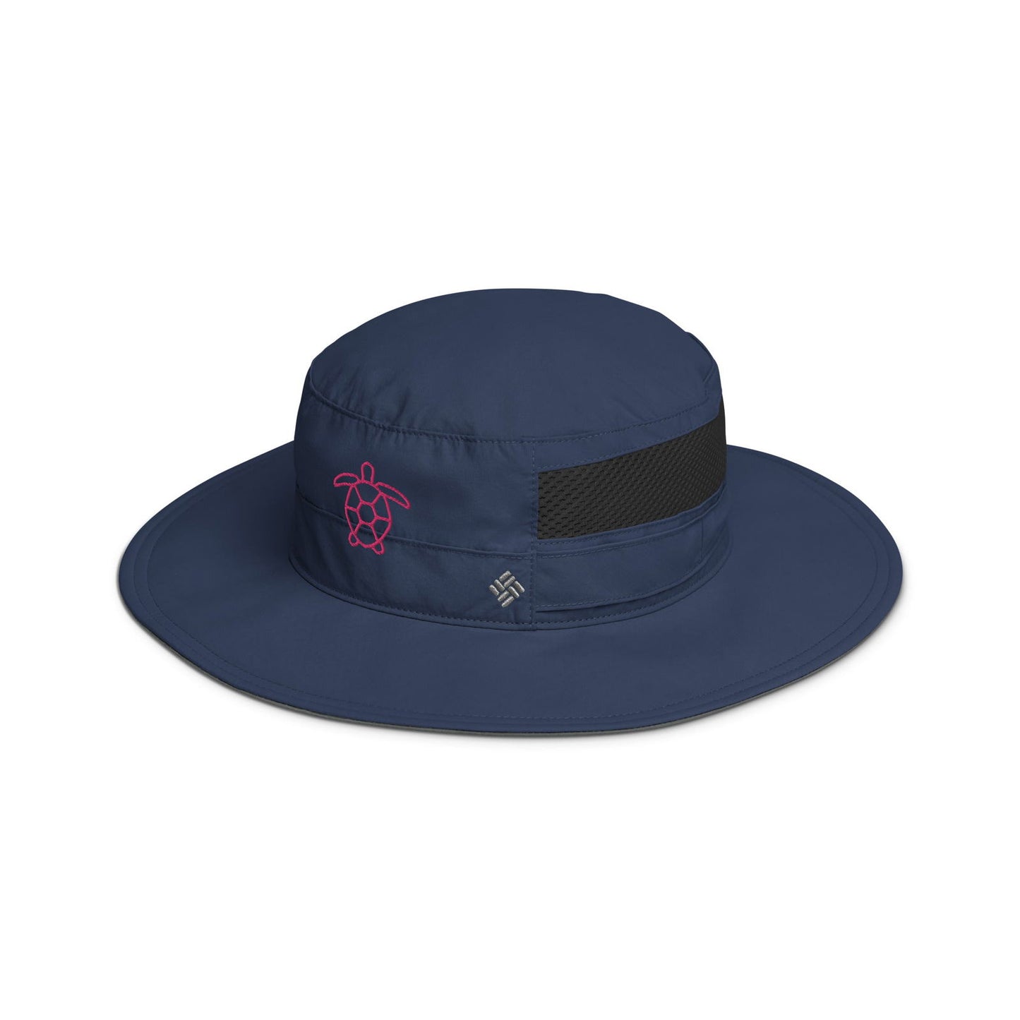 Columbia Sportswear navy blue boonie hat featuring a pink embroidered sea turtle a black mesh sweatband and a gray logo
