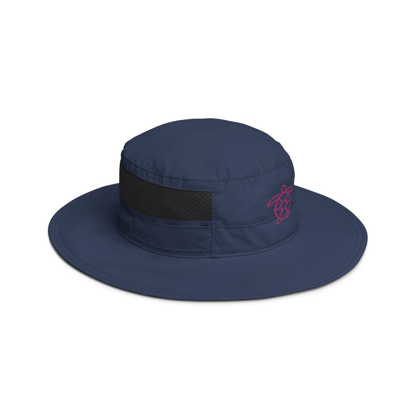 Product shot of a navy blue boonie hat with a pink sea turtle graphic and black mesh insert showcasing its breathable design
