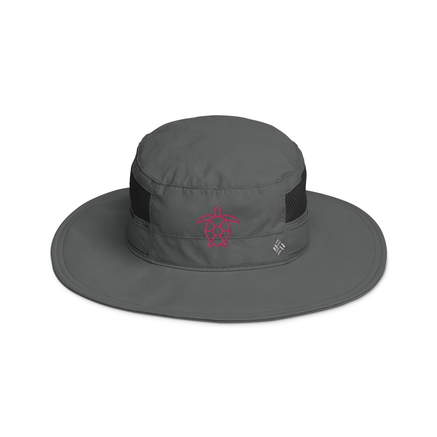 Columbia Sportswear charcoal gray boonie hat featuring a pink embroidered sea turtle a black mesh band and a subtle logo detail
