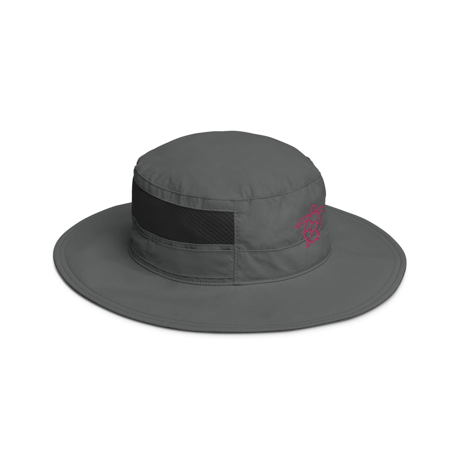 Product shot of a charcoal gray boonie hat with a pink embroidered sea turtle and a black mesh insert
