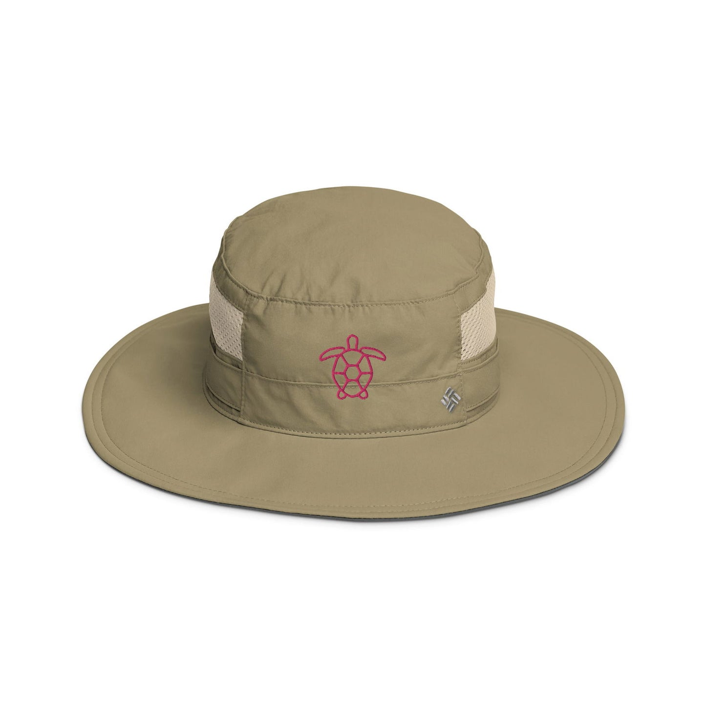 Columbia Sportswear beige sun hat featuring a pink embroidered sea turtle design a mesh insert and a gray underside
