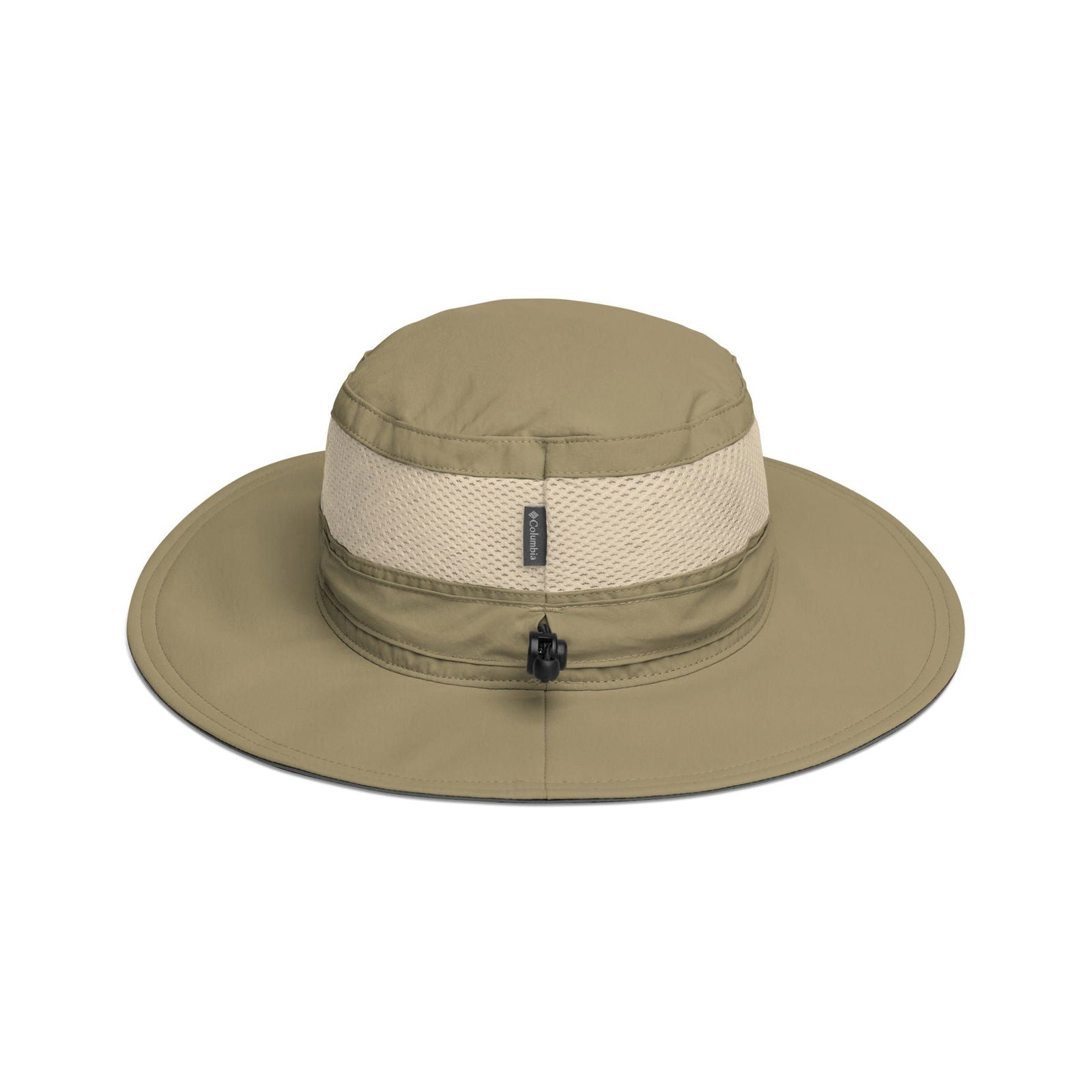 Columbia sun hat featuring a khaki crown, beige mesh sweatband, and a black cinch cord.
