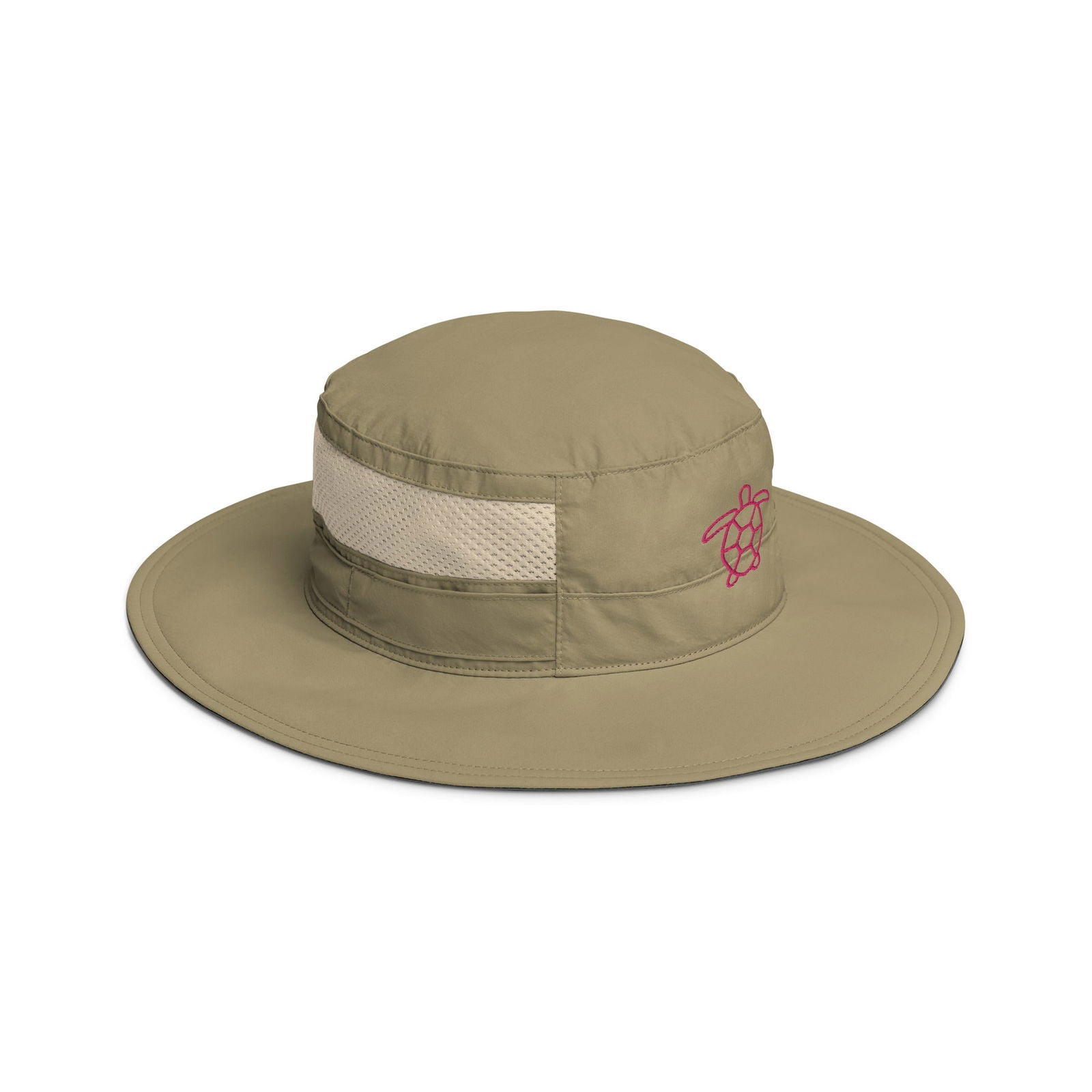 A khaki sun hat features a pink embroidered sea turtle and a beige mesh insert providing ventilation
