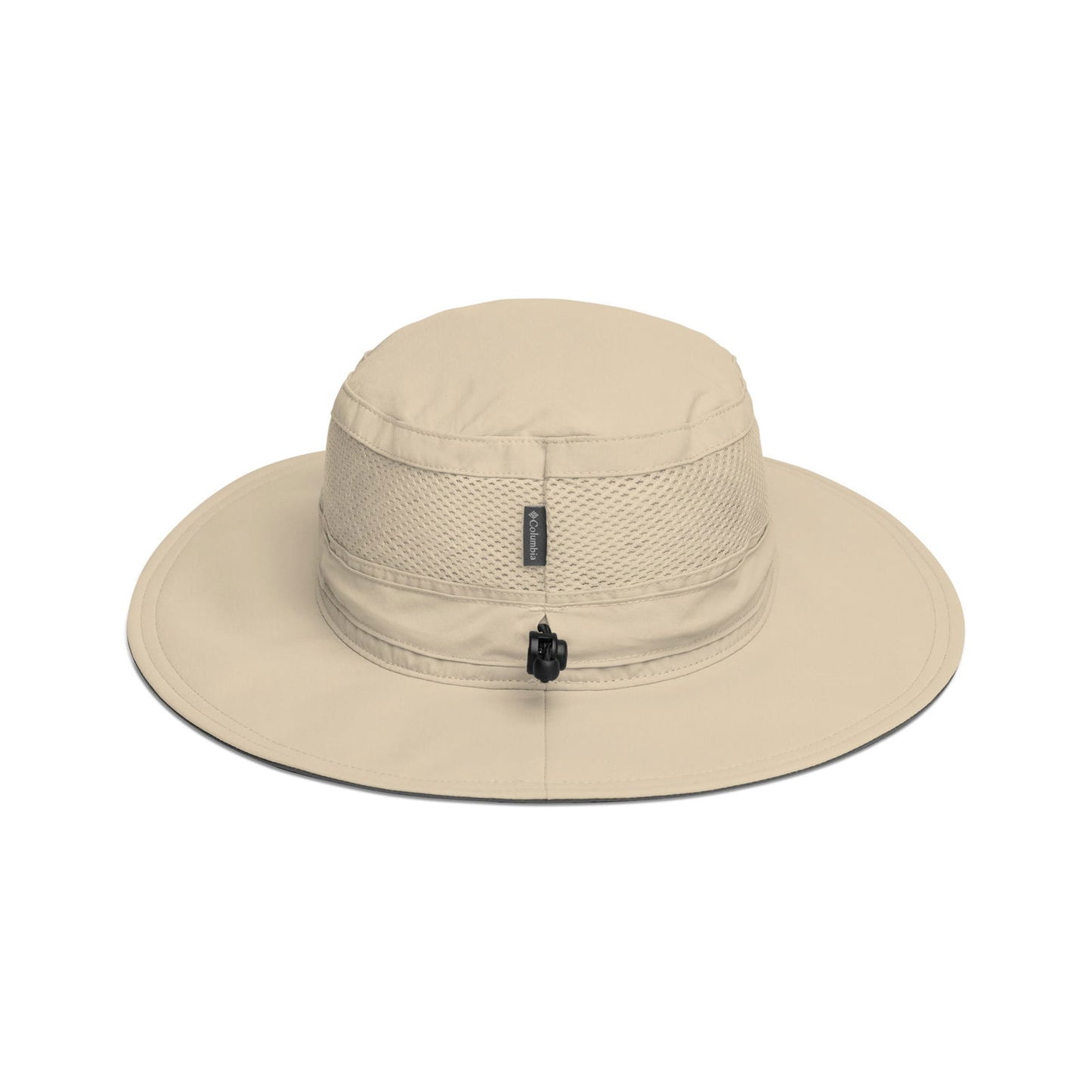 Columbia sun hat features a beige fabric, black drawstring, and breathable mesh paneling