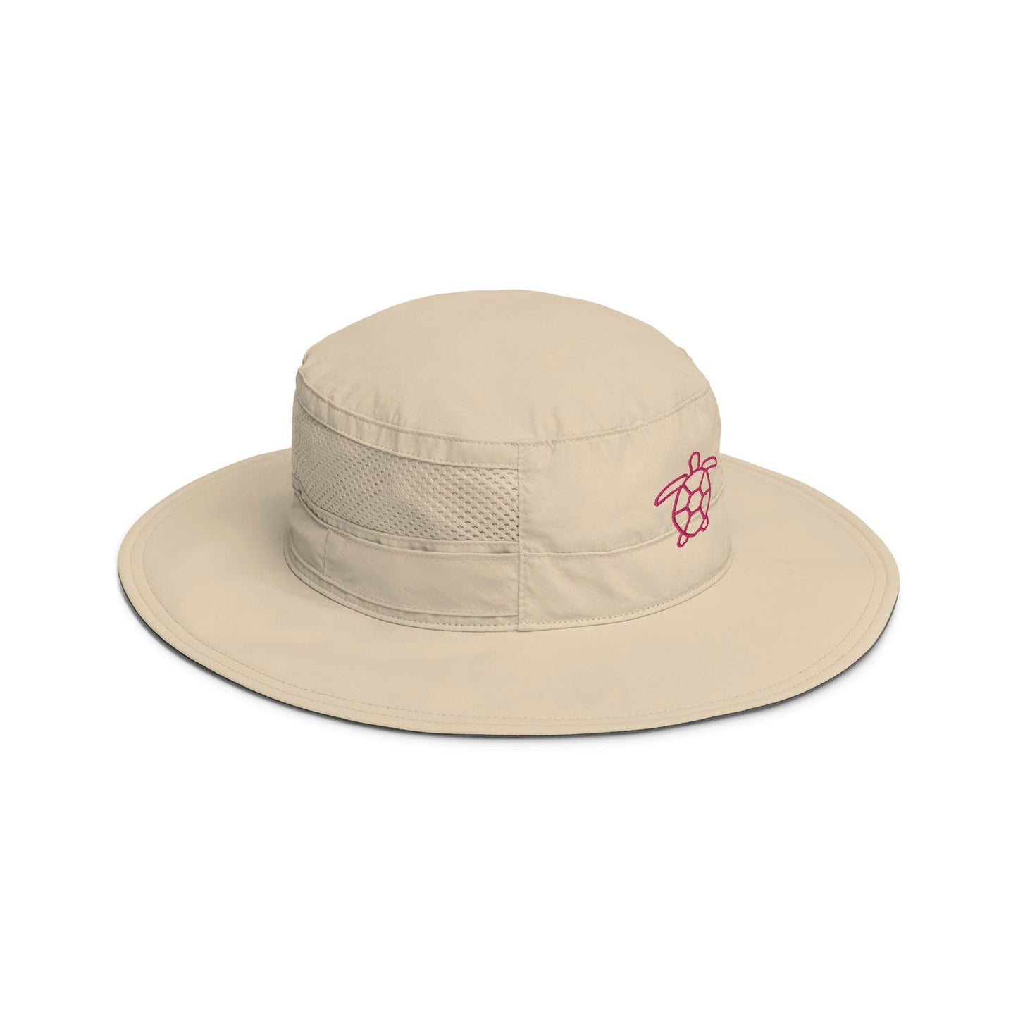 Beige fabric bucket hat with a pink embroidered sea turtle features a breathable mesh panel and a subtle dark trim
