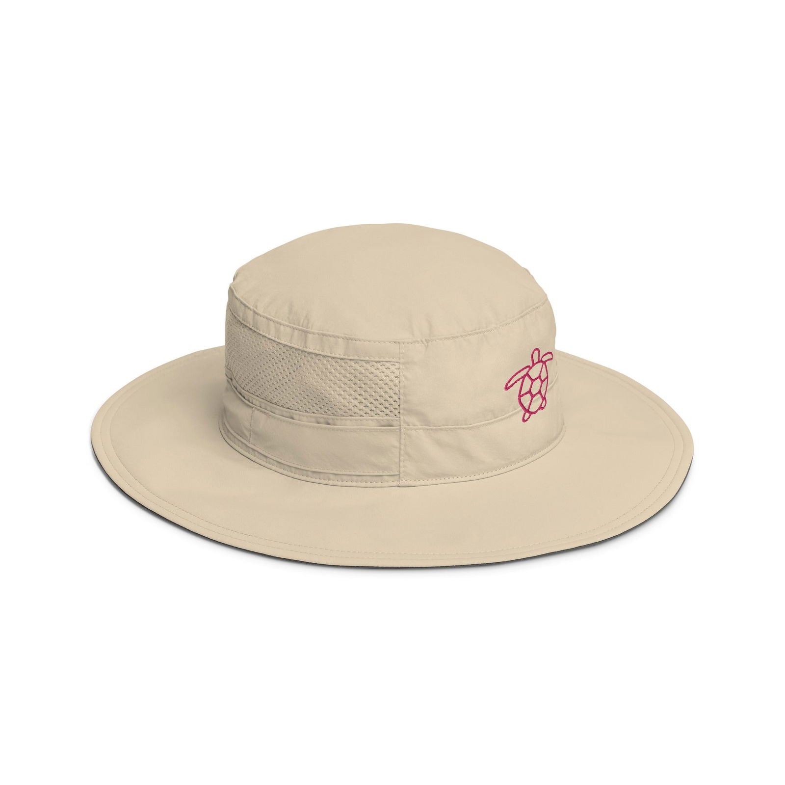 Beige fabric bucket hat with a pink embroidered sea turtle features a breathable mesh panel and a subtle dark trim
