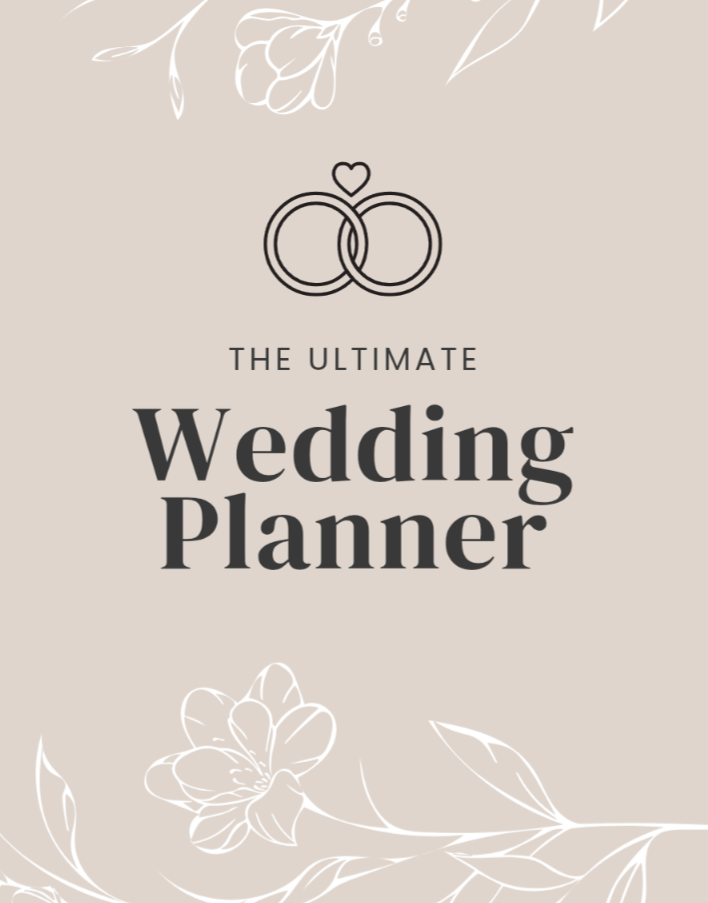 The Blessings Grow Meadows Merch & More "Ultimate Wedding Planning Guide for Your Dream Wedding" printable e-book features a beige floral cover with interlocking rings and heart, bold elegant title, and customizable wedding checklists.