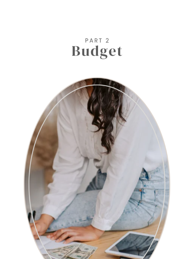A person in a white shirt and jeans counts dollar bills by a tablet, with "Budget" and "Part 2" above—ideal for tracking costs using the Ultimage Wedding Planning Guide printable e-book by Blessings Grow Meadows Merch & More.