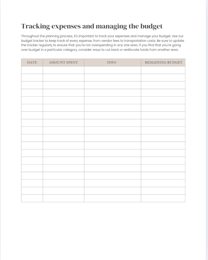 An empty budget tracker table—with columns for date, amount spent, info, and remaining budget plus tracking tips—is ideal to use with the Ultimage Wedding Planning Guide for Your Dream Wedding from Blessings Grow Meadows Merch & More.