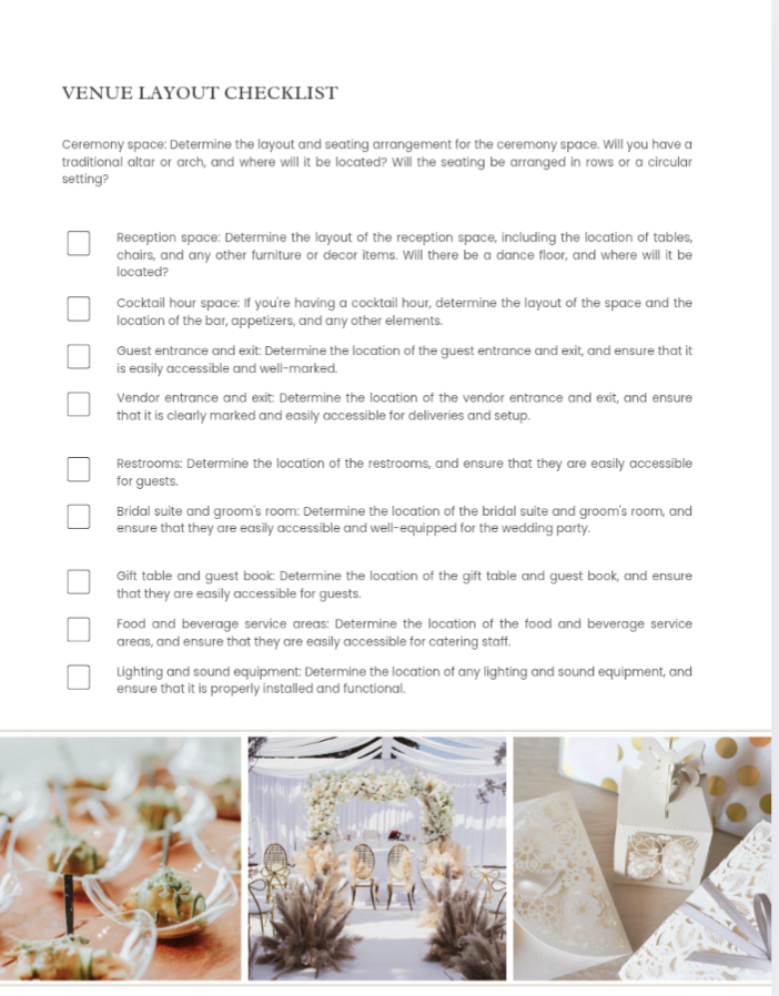 The Ultimage Wedding Planning Guide for Your Dream Wedding Printable E-Book by Blessings Grow Meadows Merch & More offers a venue layout checklist with checkboxes and planning tasks—perfect for organizing every wedding detail and fully customizable.