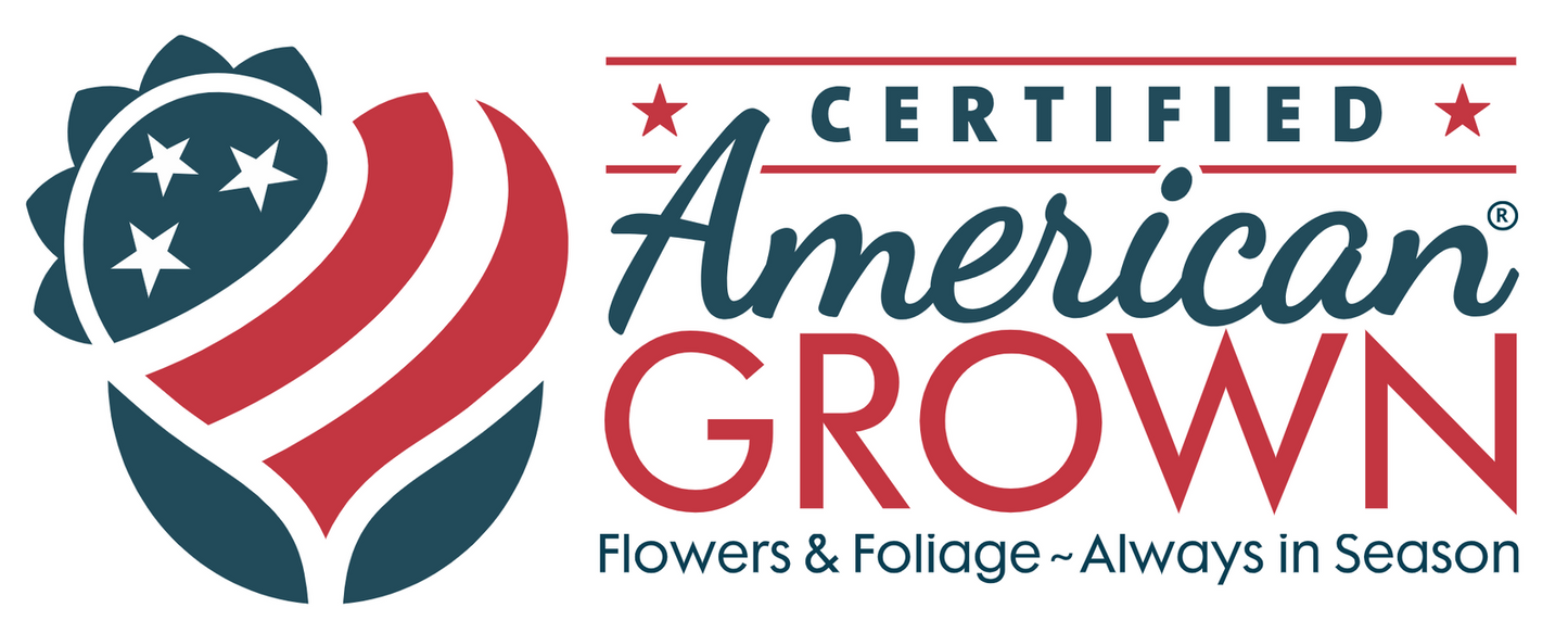 Logo design featuring a stylized American flag flower with three stars, red and dark blue color scheme, and the text Certified American Grown