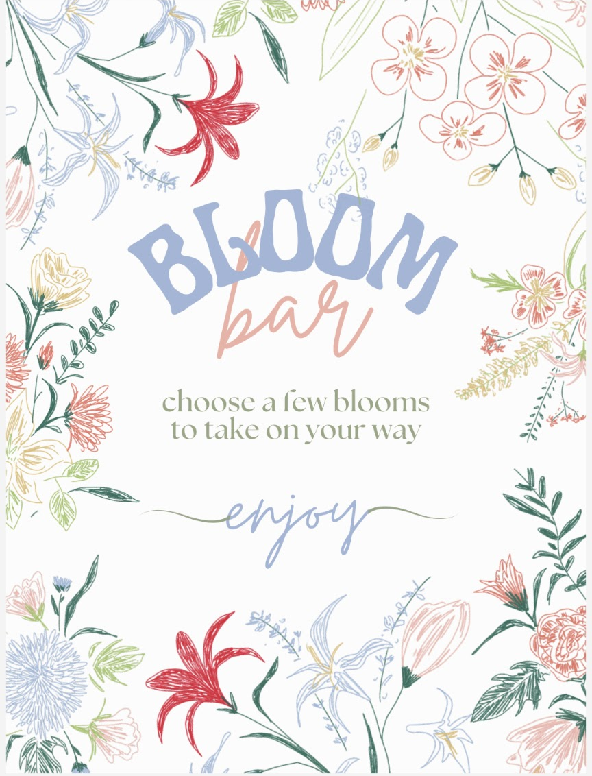 Line drawing illustration Bloom Bar featuring red lilies bluebells and pink flowers arranged around a central text element