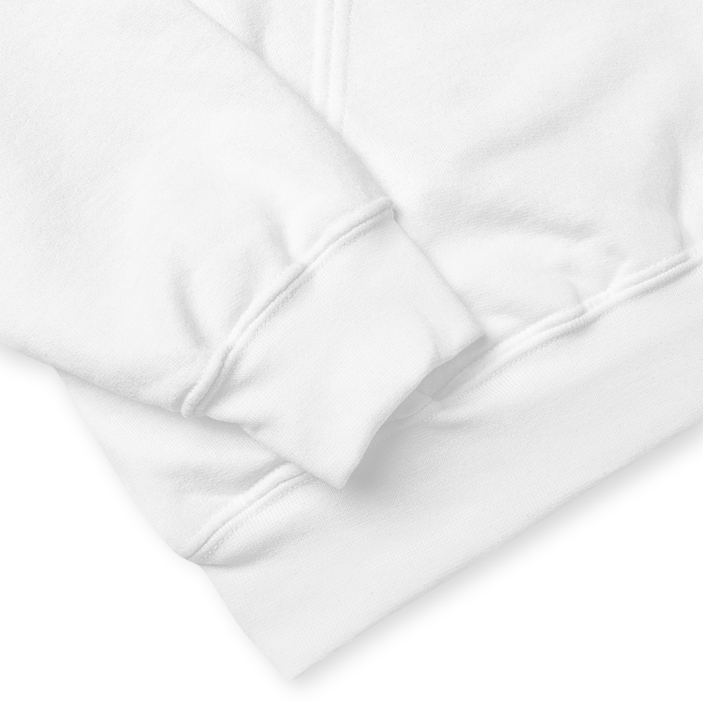 Close-up of a white cotton hoodie showcasing its soft texture and double stitching detail along the cuff and hem.
