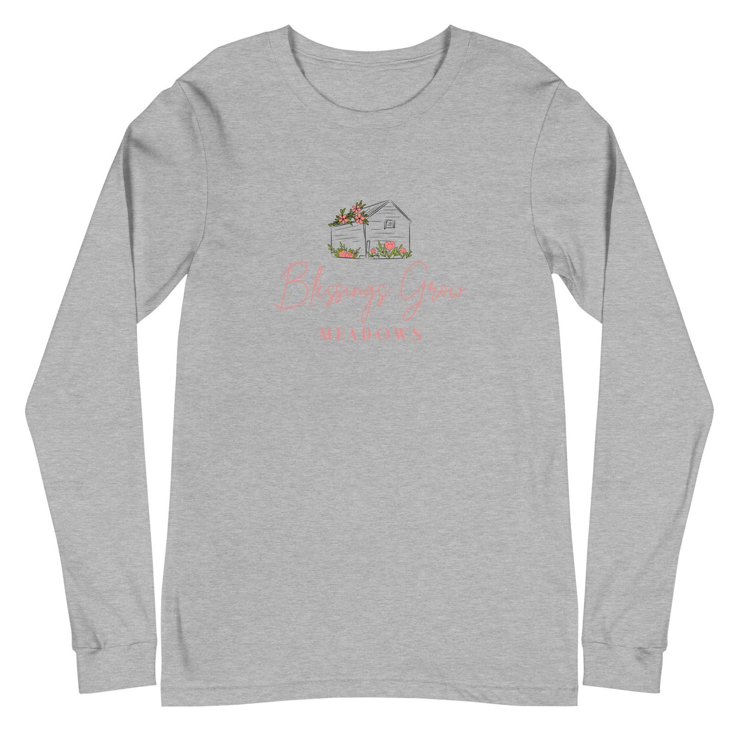 Gray heather long sleeve shirt featuring Blessings Grow Meadows logo design with a small house adorned with pink flowers and green foliage.