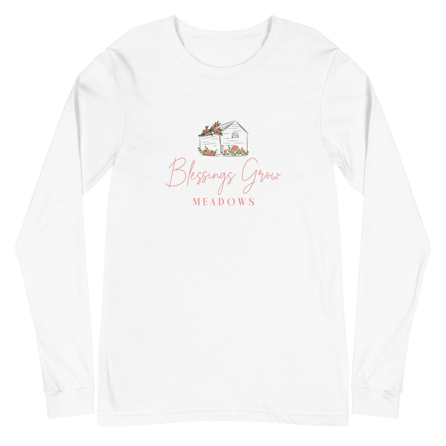 White long-sleeve shirt featuring Blessings Grow Meadows logo design of a charming cottage adorned with pink flowers and surrounded by lush greenery