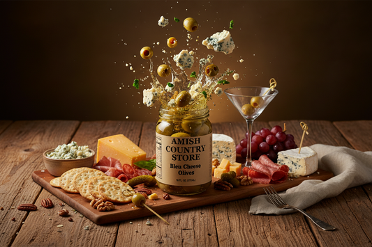 Canned Bleu Cheese Olives in 16oz jar from Amish Country Store, featuring plump blue cheese-stuffed green olives.
