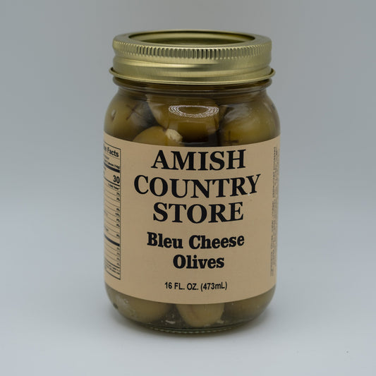 Canned Bleu Cheese Olives from Amish Country Store in a 16oz can, showing shiny blue cheese-stuffed green olives.