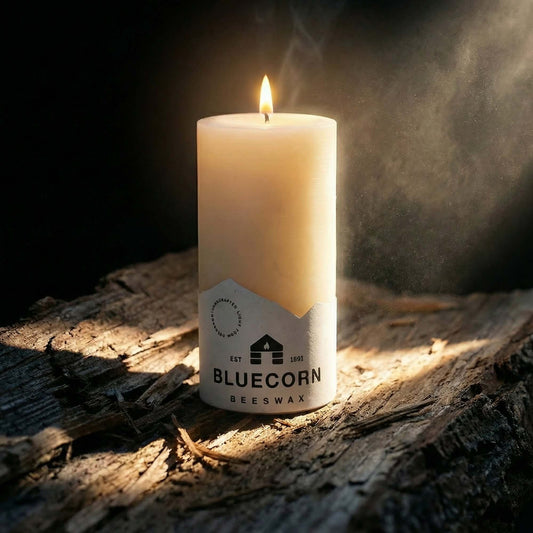 Ivory Bluecorn Candles pure beeswax pillar candle, 3x6 inches, with natural textured surface and clean, elegant design.