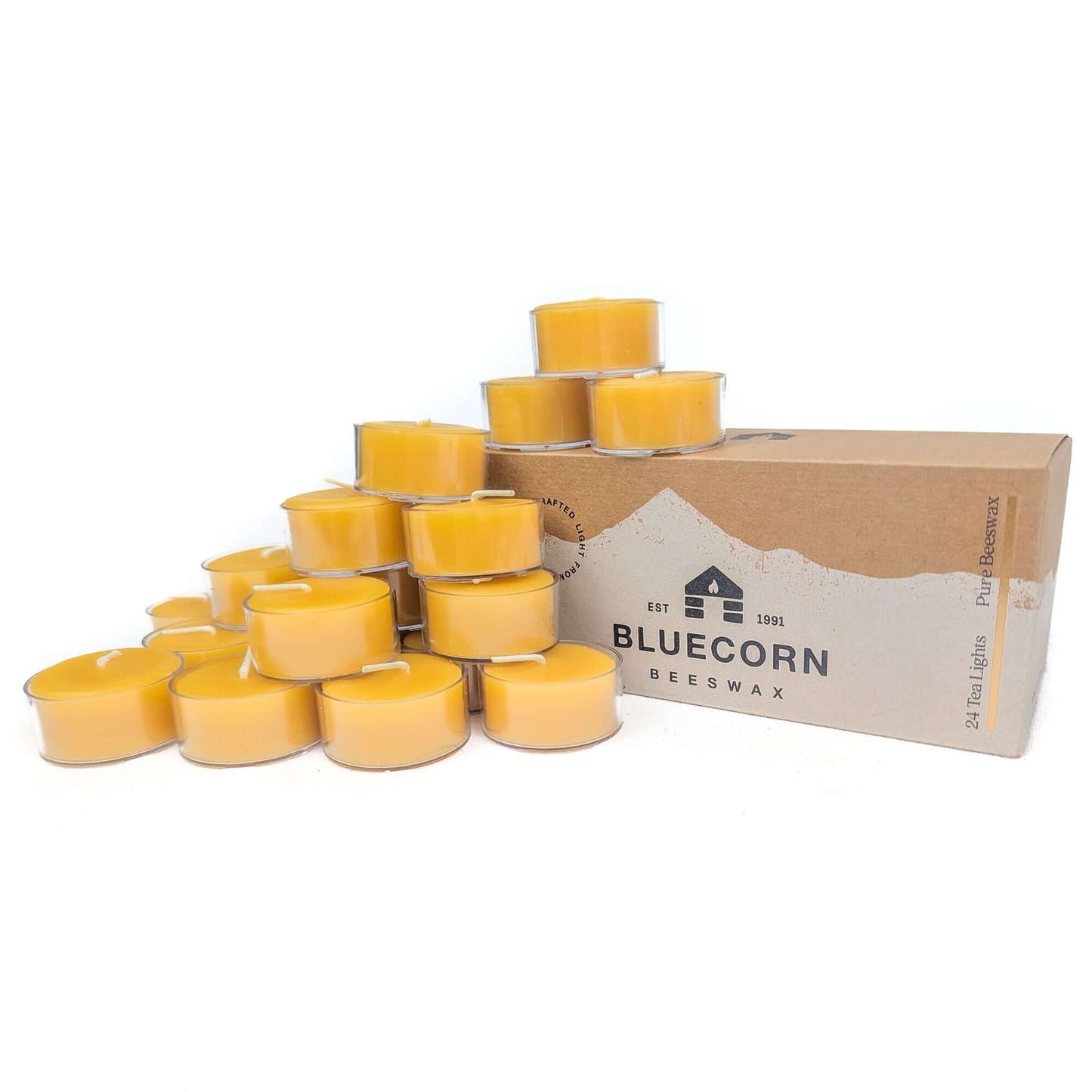 Set of 24 Bluecorn Candles pure beeswax tea light candles in white cups, raw and ready for use.