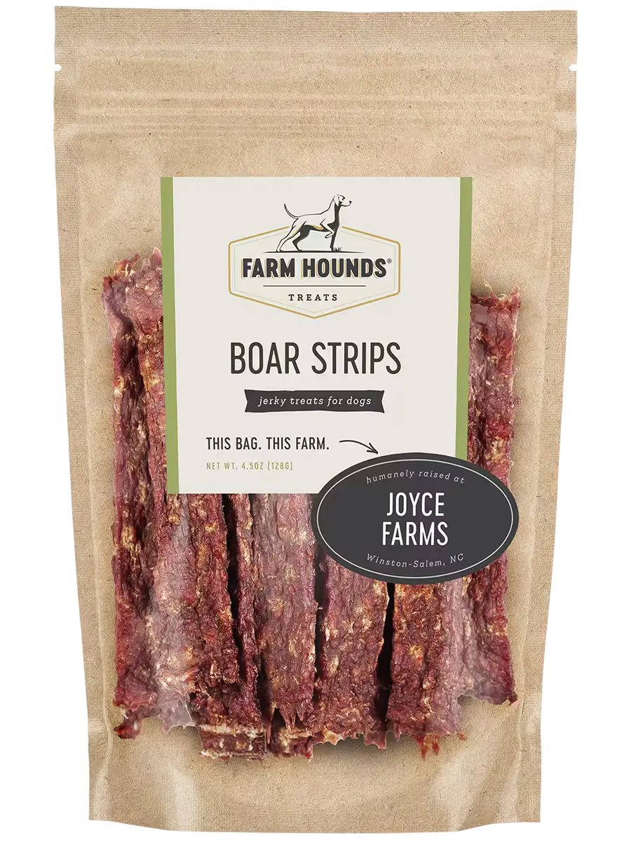 Farm Hounds boar strips, natural dried pork treats with visible strips of meat, ready for snacking or training.