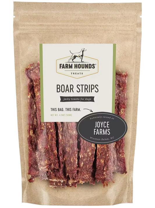Farm Hounds boar strips, natural dried pork treats with visible strips of meat, ready for snacking or training.