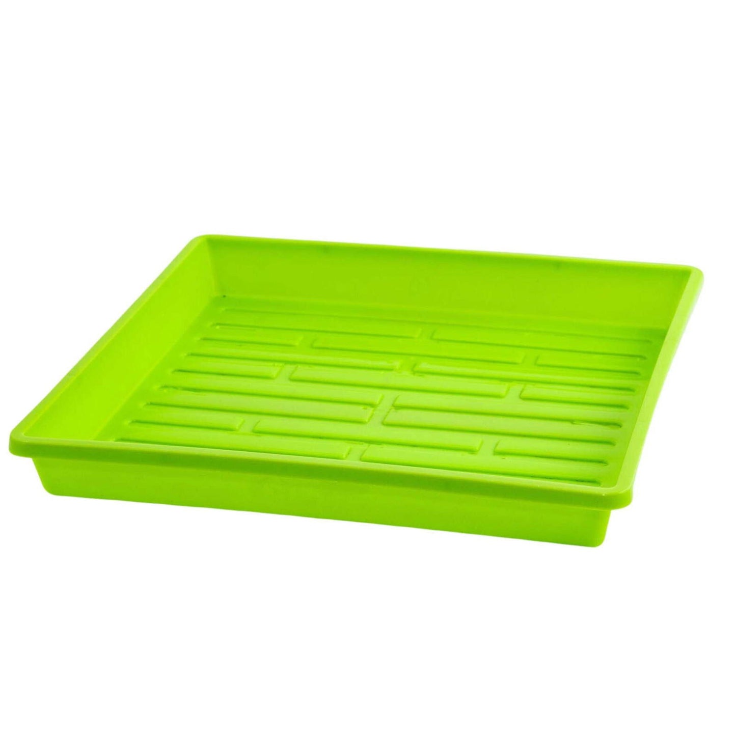 Plastic seedling tray showing vibrant lime green color square shape and textured bottom for drainage