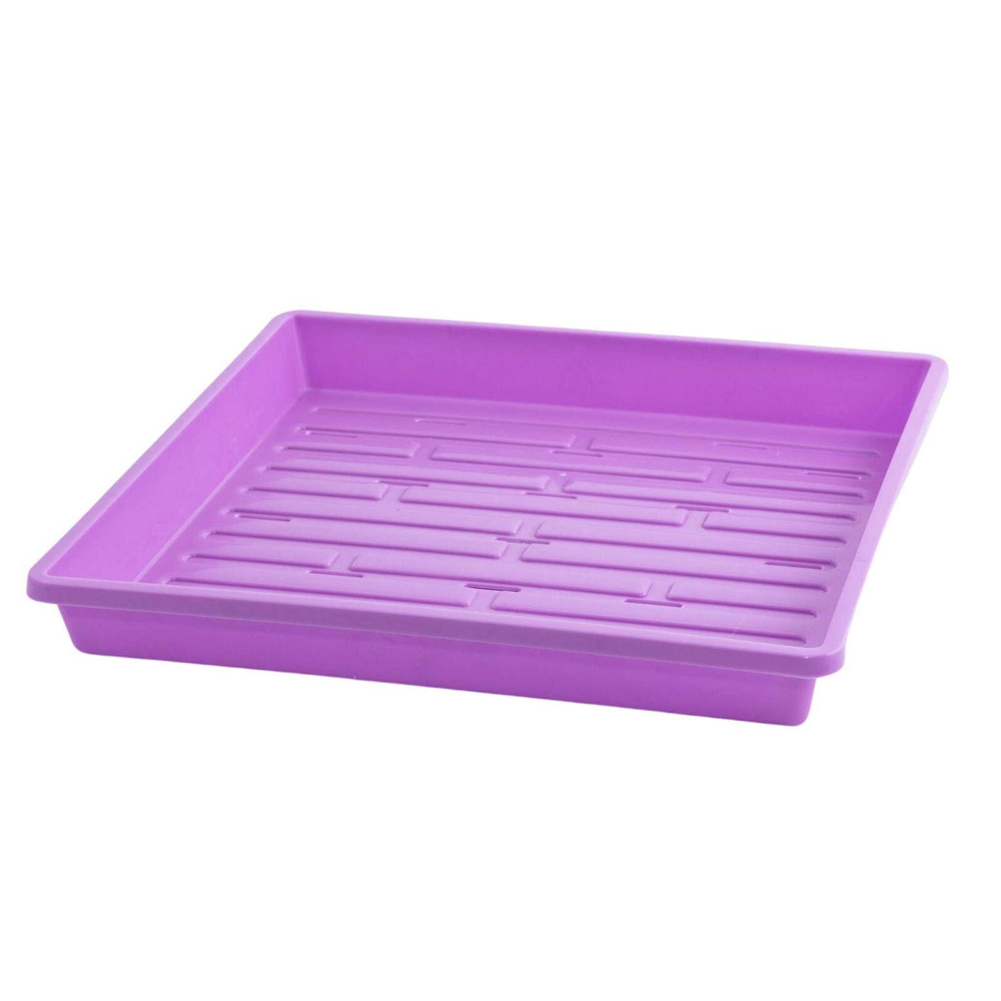 Plastic lavender rectangular seed tray with drainage holes and embossed texture showing a vibrant hue and smooth surface
