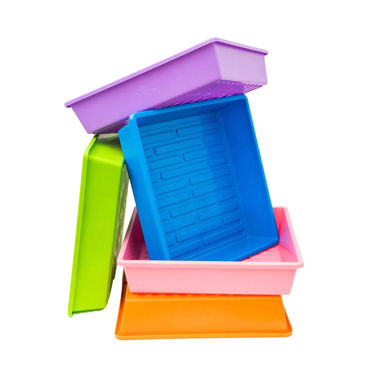 Plastic stackable seedling trays in a vibrant array of colors including purple, blue, green, pink and orange showing a textured bottom design ideal for gardening.

